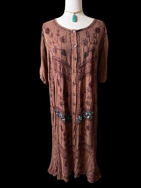 Vtg Brown Patchwork Embroidered XL Boho Maxi Dress Buttons Fairygrunge Read Indi